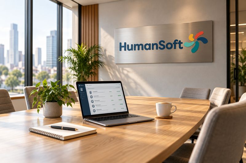 Sala de reuniones moderna con el letrero de HumanSoft